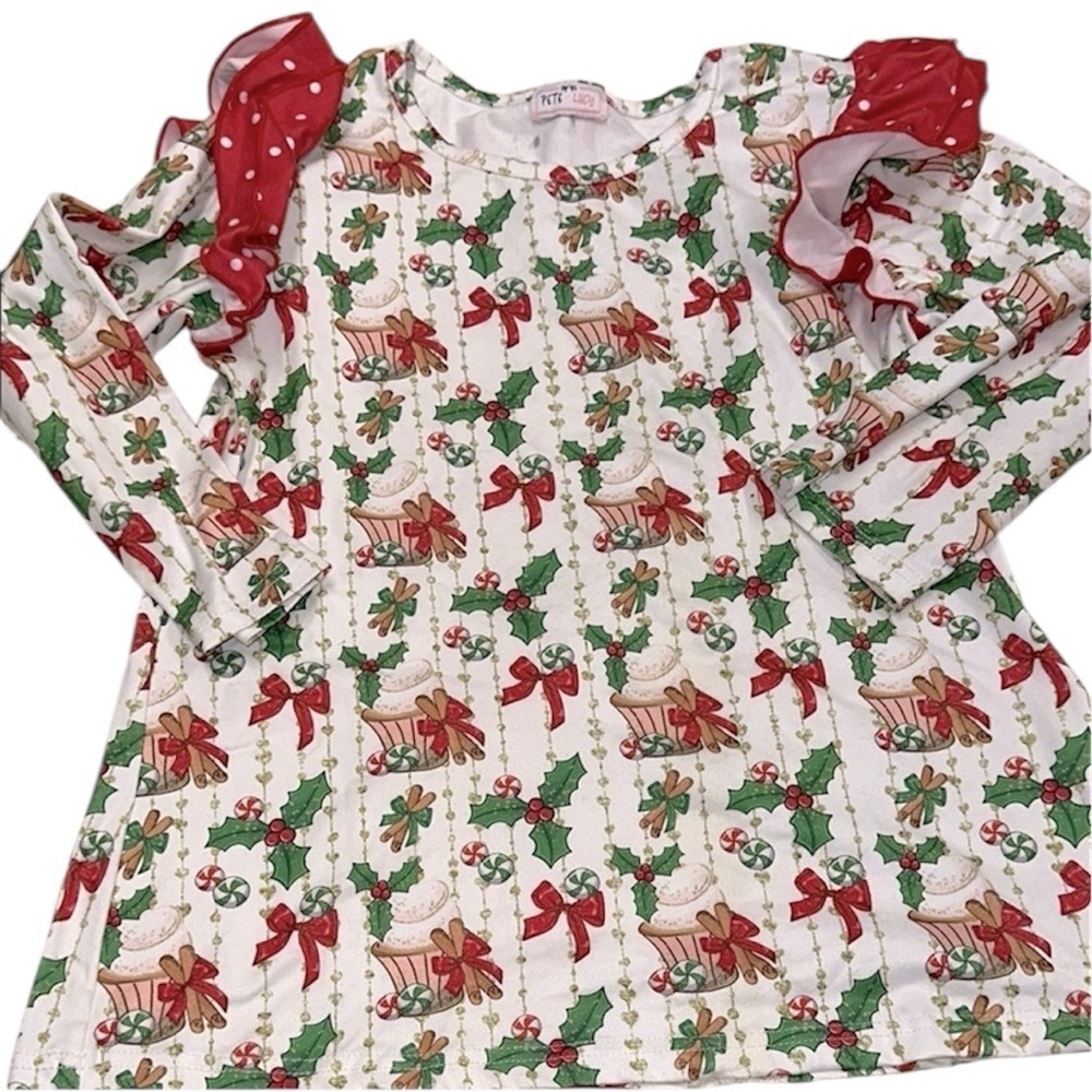 Festive Christmas print Kids Holiday Shirt with Red and Green Accents size 10-12